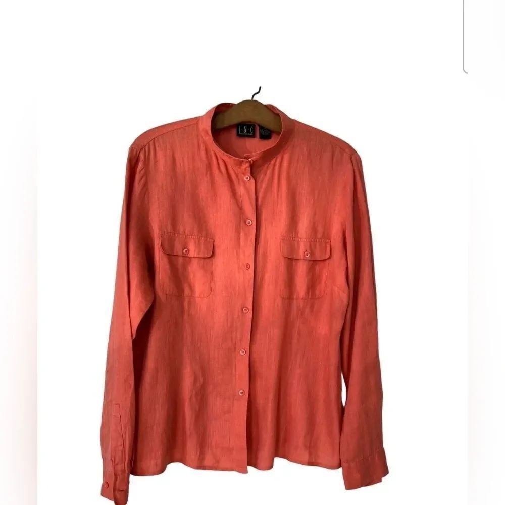 INC International Concepts 12 Orange 100% LINEN Lslv Buttons Up Women's Shirt